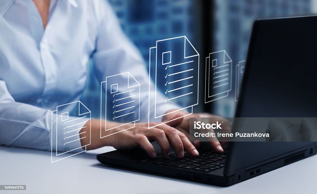 Online documentation database,  document management system concept background on virtual screen.